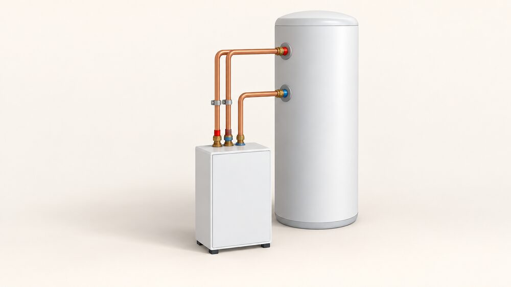 A compact Sunamp Thermino thermal battery unit shown close up, standing centrally where a hot water cylinder would sit, with its pipework connections visible and a hot water cylinder silhouette behind it to show how much smaller it is.