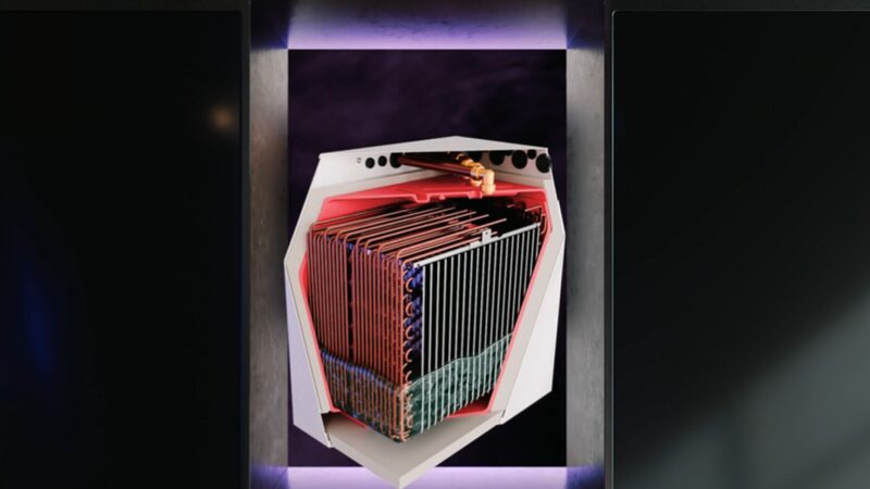 A cutaway 3D render of a Sunamp phase change thermal battery showing internal heat exchanger coils