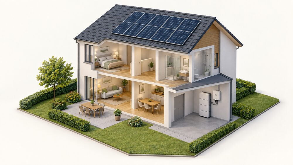 A cutaway house with solar panels on the roof, a hybrid inverter and a stacked SBH battery of modular units bolted to the wall of a garage or utility space, connected to the panels above.