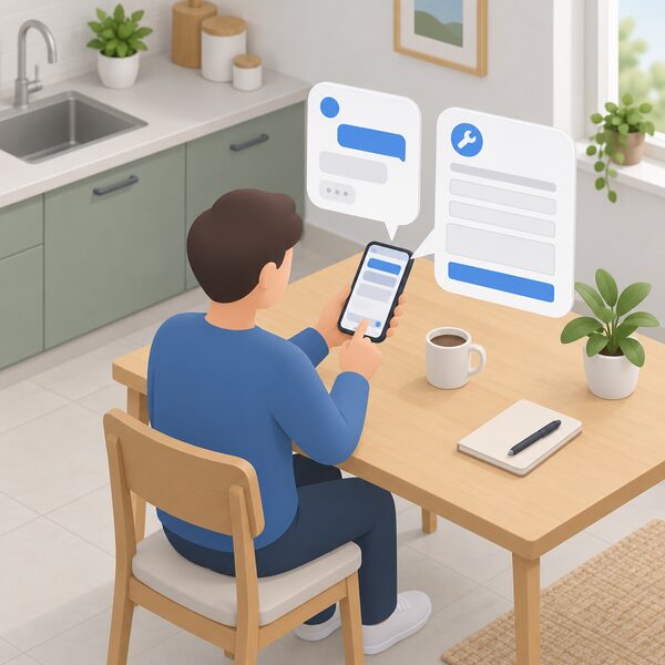 A homeowner seated at a kitchen table holds a phone showing the Connect app with a live chat screen open, a support ticket form displayed as blank lines and plain blocks, with no inverter hardware visible in the scene.