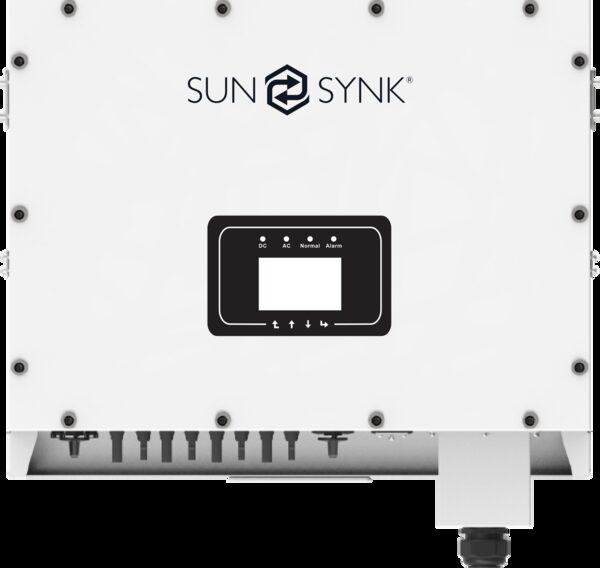 A white Sunsynk hybrid inverter unit with display panel and connection terminals