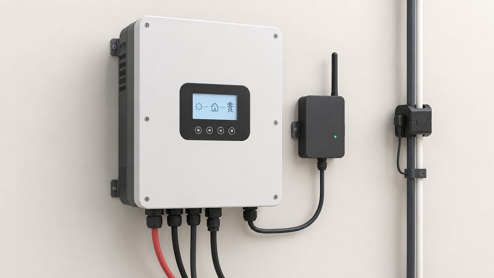 A close-up of a wall-mounted Sunsynk hybrid inverter with its LCD display, a small data logger unit mounted beside it on the same wall and connected to the inverter by a cable, with a current transformer clipped on a nearby cable run.