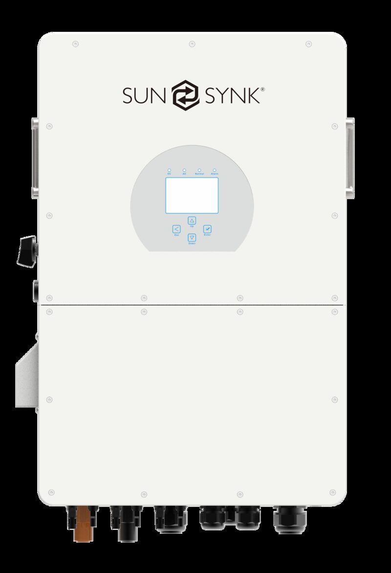 A white Sunsynk hybrid inverter unit shown front-on with display screen and connection ports at the bottom
