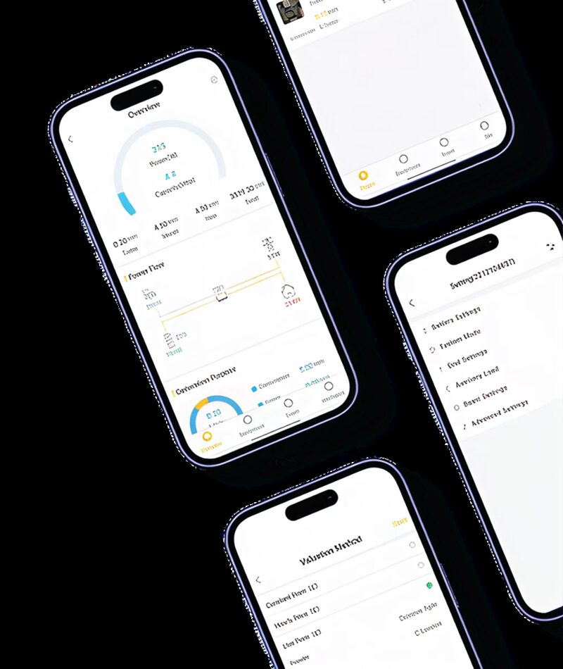 Several smartphones displaying the Sunsynk solar monitoring app screens with energy flow and settings