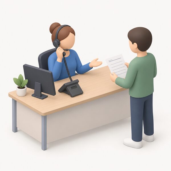 A support worker in plain clothing sits at an office desk wearing a headset, holding a phone handset while a simplified household figure stands nearby with a warranty registration form, showing the direct support contact between company staff and a household.