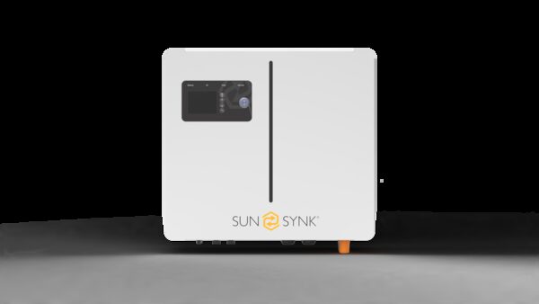A white Sunsynk wall-mounted battery storage unit with a small display panel, shown on a plain background