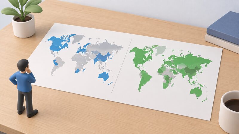 A simplified world map drawn as a printed sheet, with plain colour regions marking one maker's installer reach in fewer countries and the other maker's installed systems and cloud users across many more countries, shown side by side for comparison.