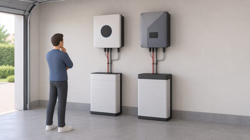Two plain hybrid inverters of different designs mounted side by side on a garage interior wall, each with cabling running down to a battery unit below, shown as a simple isometric scene with no branding or text.
