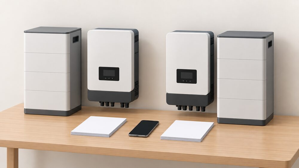 Two plain wall-mounted hybrid inverter units stand side by side on a table, each with a matching battery cabinet beside it, with blank paperwork and a smartphone with a blank screen laid in front for a comparison.