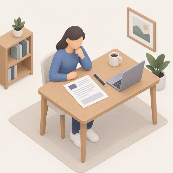 A paper MCS certificate lying flat on a household table beside a pen and a laptop, ready before starting the warranty form, with a small isometric figure seated nearby preparing to begin.