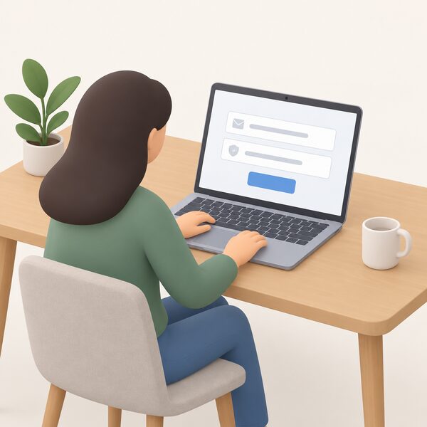 A laptop on a household table showing a warranty search screen with two blank input fields, one holding a simplified email-style entry and the other a warranty-number-style entry, with a plain search button beneath.