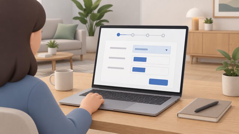 A laptop on a table in a home setting, its screen showing a multi-step online warranty registration form with the equipment type field selected and the inverter and battery quantity fields filled in, all content shown only as blank lines and plain filled blocks.