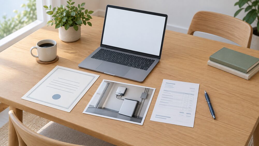 A kitchen table in daylight with a laptop showing a blank form, a printed certificate and a receipt beside it, a pen, and a printed photograph of a wall-mounted inverter and battery installation lying flat, ready to be uploaded.