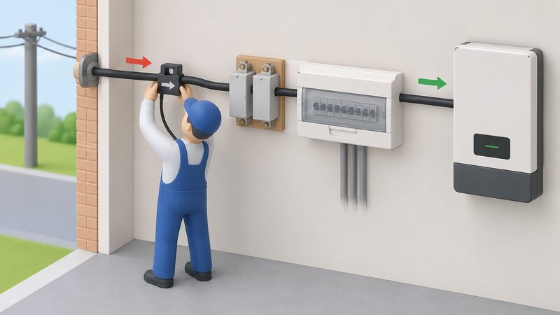 An installer's simplified figure clips a current transformer clamp around the live incoming cable at a consumer unit, positioned before any henley blocks or distribution boards, with the arrow on the clamp clearly pointing away from the grid towards the inverter.