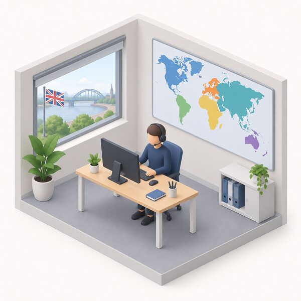 A small simplified isometric office scene in Widnes showing a support worker at a desk with a headset and computer screen, with a wall map of the world behind marked with plain colour regions, representing the UK sales, support and technical help operation.