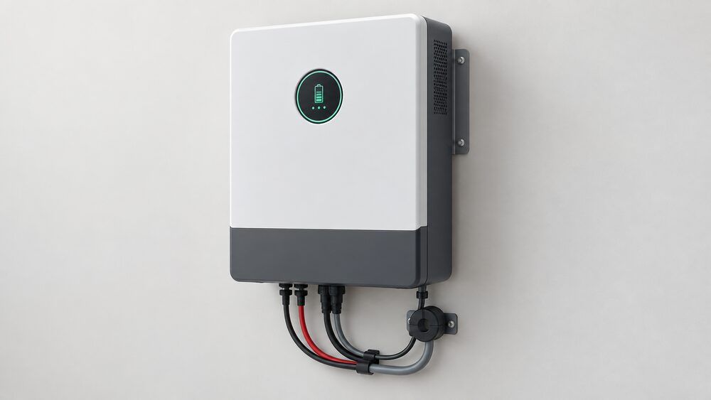 A single wall-mounted all-in-one unit that combines a hybrid inverter and a LiFePO4 battery in one enclosure, fixed to a plain interior wall on its mounting bracket, with a CT coil and prewired connections visible at the base and nothing else in the scene.