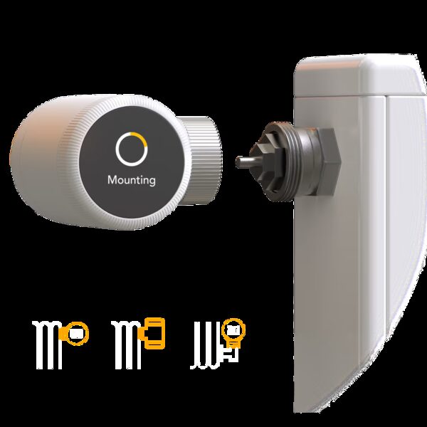 A tado° Smart Radiator Thermostat X displaying a 'Mounting' screen next to a radiator valve adapter, with small icons of mounting orientations below