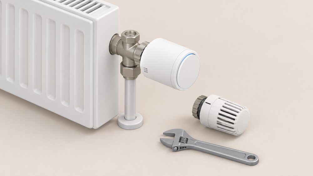 A close-up of a Smart Radiator Thermostat X head screwed onto the thermostatic radiator valve of a household radiator, with the old TRV head lying on the floor beside it and a small spanner nearby, nothing else in view.