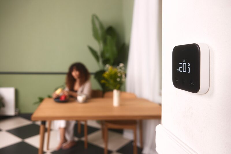 A tado° Smart Thermostat X mounted on a wall displaying 20°C, with a blurred woman having breakfast at a dining table in the background.