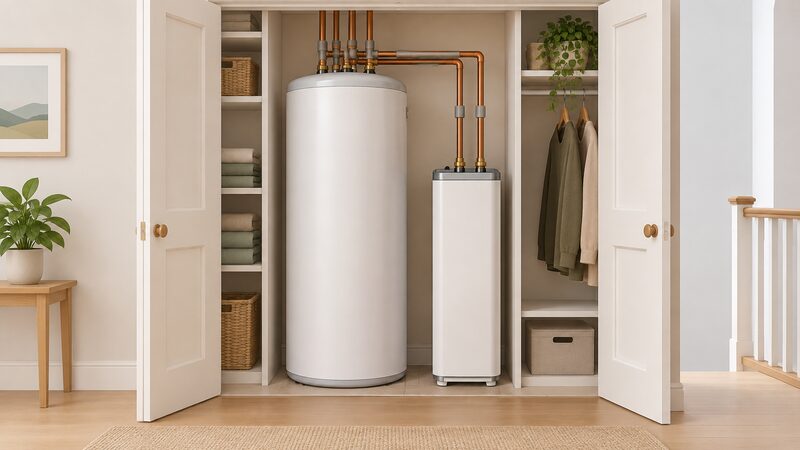 Inside an airing cupboard, a tall insulated hot water cylinder with pipework on top stands beside a slim compact heat-storage unit, both connected by simple pipes, shown side by side to compare the two hot water options.