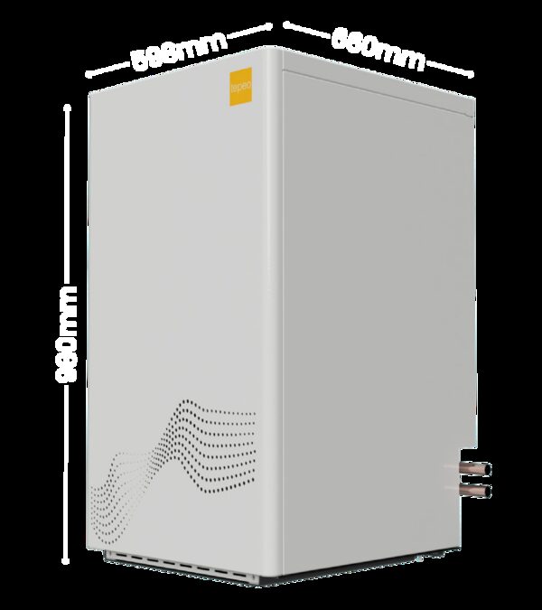A white tepeo heat battery boiler unit shown against a plain background with copper pipe connections on the side