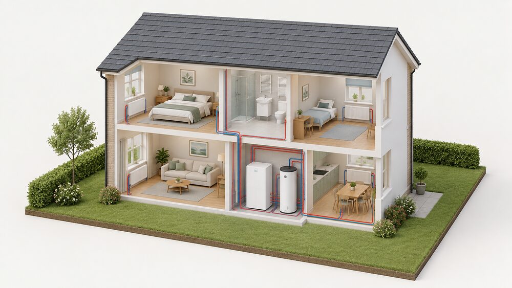 A cutaway house showing a white-goods-sized tepeo ZEB heat battery boiler standing indoors, connected by pipework to radiators in the rooms and to a separate hot water cylinder, with no flue through any wall.