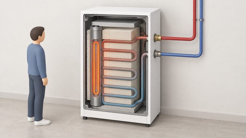 A cutaway view of a white-goods-sized heat battery boiler standing against a wall, revealing a dense ceramic core block, an electric heating element embedded in it, and a coiled water circuit pipe running through the core and out to the central heating flow and return connections.