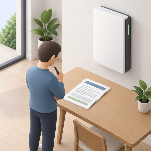 A printed warranty document lying on a table beside a wall-mounted home battery unit, its pages showing plain text lines and colour bands only, with a simplified figure standing nearby holding a pen as if reading the conditions.
