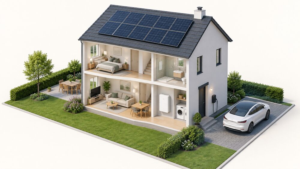 A cutaway view of a house with a Tesla Powerwall 3 battery unit mounted on an internal wall in a utility space, and a Wall Connector EV charger fixed to the outside wall beside the driveway, with solar panels on the roof.