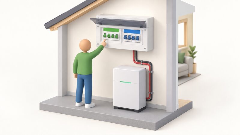 A wall-mounted consumer unit with two clearly separated groups of circuit ways, one group of critical circuits and one of non-critical circuits, wired down to a home battery unit on the floor below, with a simplified figure indicating the critical group.