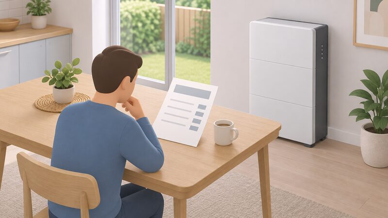 An installer's printed quote sheet lying on a table beside a home battery unit, with blank line items for the battery price, a VAT line and an installation allowance, and a simplified figure reviewing it.
