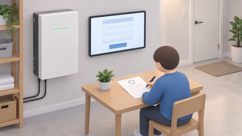 A home battery system on a utility room wall beside a wall-mounted screen showing a registration page, with a paper warranty certificate lying on a nearby table where a simplified figure fills in blank registration lines.