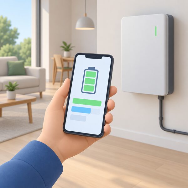 A hand holding a smartphone showing a simple energy display with plain bars and a battery icon, standing in a home with a wall-mounted battery unit visible in the background, conveying remote app control of the home battery from anywhere.