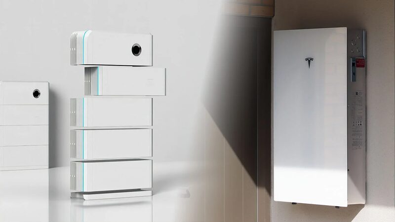A split image showing a stacked Sigenergy SigenStor battery system on the left and a Tesla Powerwall 3 mounted on a wall on the right