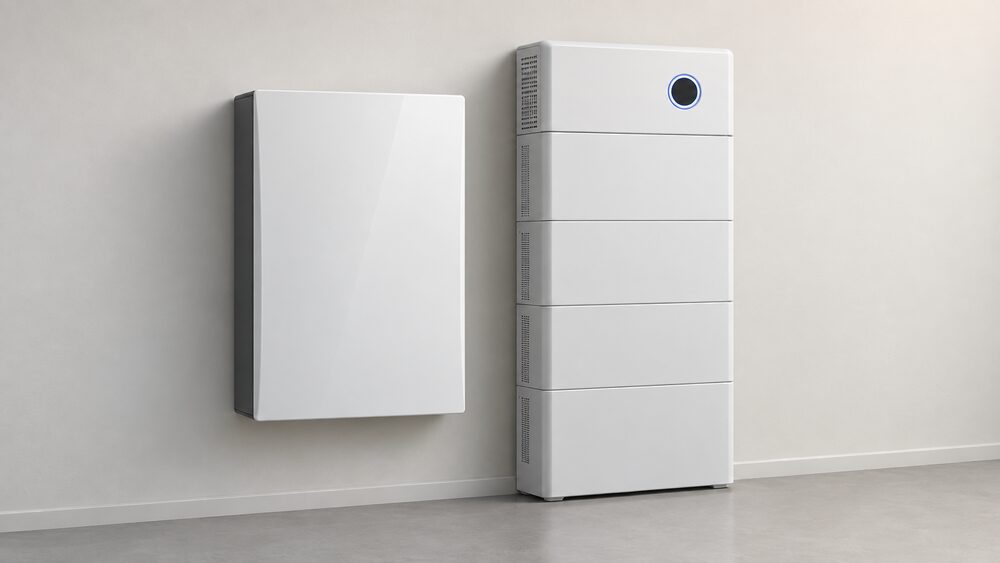 A single sealed rectangular home battery unit mounted on a plain wall beside a taller modular battery stack made of several stacked modules topped by a controller, both shown close up against a neutral indoor wall with no other equipment.
