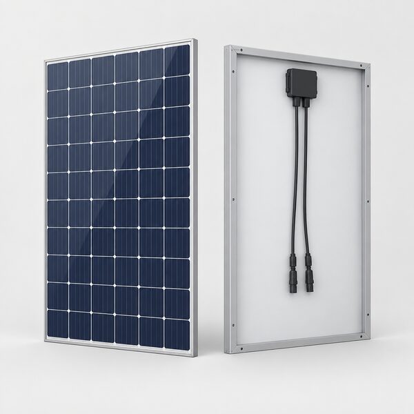 A single framed solar PV module standing upright in a plain studio-like setting, shown as a finished manufactured product with its aluminium frame, glass front, grid of dark blue cells and junction box with cables on the rear, with no people or other equipment present.