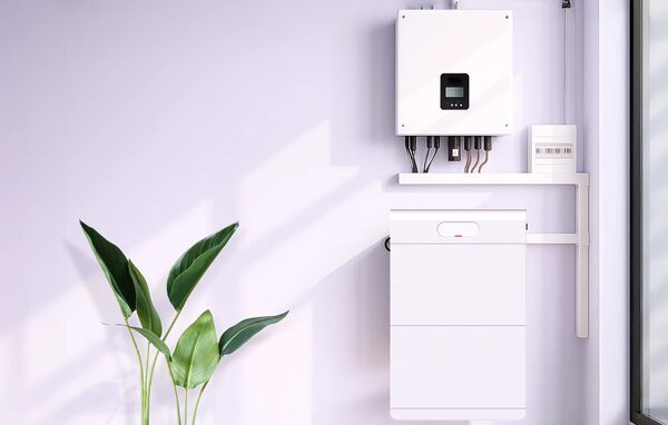 A wall-mounted solar inverter and battery unit installed indoors next to a houseplant