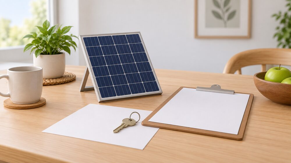 A small model solar panel standing on a kitchen table beside a blank single-page quote document and a clipboard, with a house key resting on the papers, suggesting a household weighing an installer's brand-only quote.