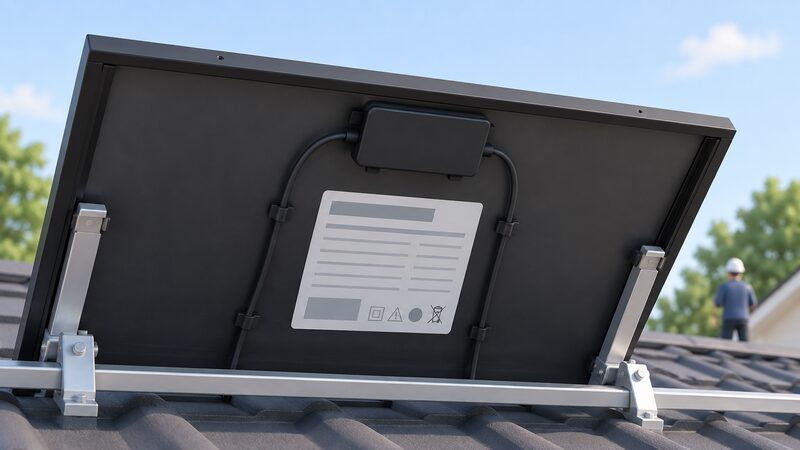 A close-up view of the rear of a black-framed solar module mounted on a roof, with its manufacturer's product label filling the foreground showing blank blocks and lines where the model name, serial number and certification marks would appear.