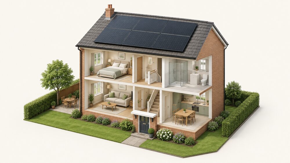 A cutaway of a modest UK house in daylight with black-framed dual-glass solar panels fitted on the pitched roof, while the rooms below contain no battery, inverter or storage equipment, showing that the panels alone supply the generating half of the system.