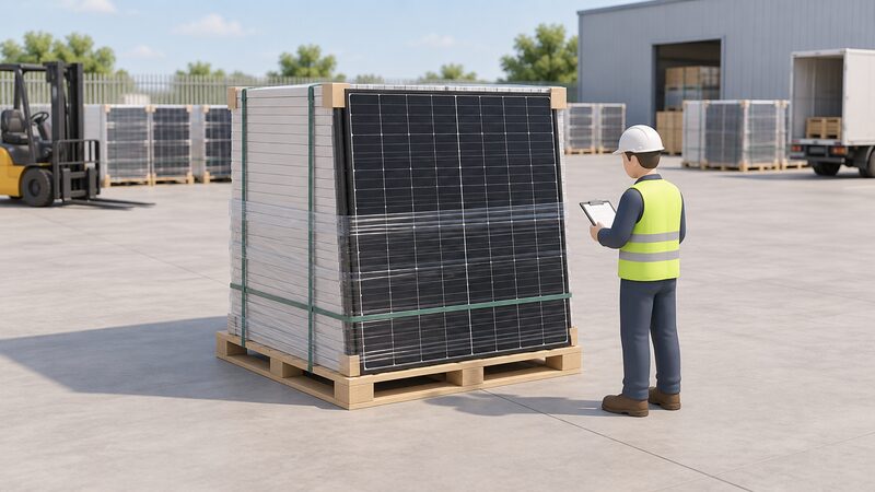 A shrink-wrapped pallet of black-framed dual-glass solar modules standing in a distributor's yard, with a simplified figure of an installer in plain clothing checking the stack, conveying that these panels are bought in volume by trade buyers rather than householders.