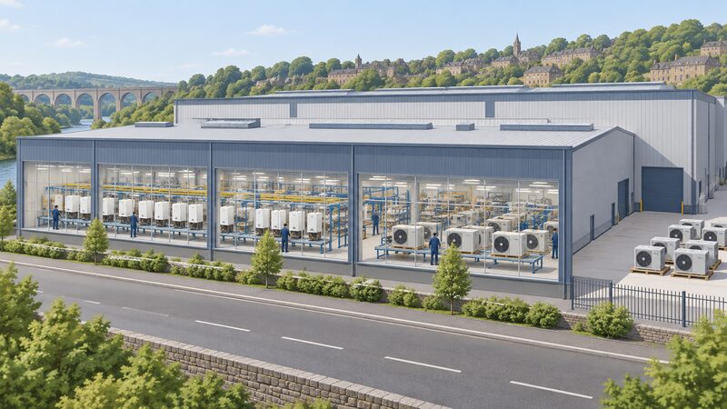An exterior view of a large modern factory building on Nottingham Road in Belper, Derbyshire, seen from across the road, with wide windows along its front wall revealing rows of assembly lines inside where wall-hanging boilers and heat pump units are being built.