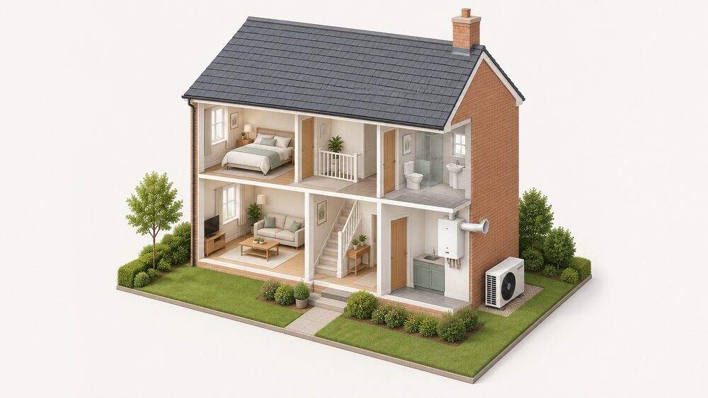 A cutaway house with a wall-mounted gas boiler indoors and its flue passing through the external wall, while an air source heat pump fan unit stands on the ground outside the building.