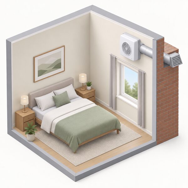 A small continuous-running domestic mechanical ventilation fan unit mounted high on an inside wall of a simply furnished bedroom, shown in isometric view with its duct passing through the wall to the outside.