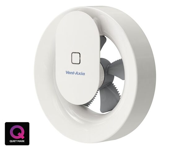 A white Vent-Axia round windowless extractor fan with a Quiet Mark certification badge in the corner