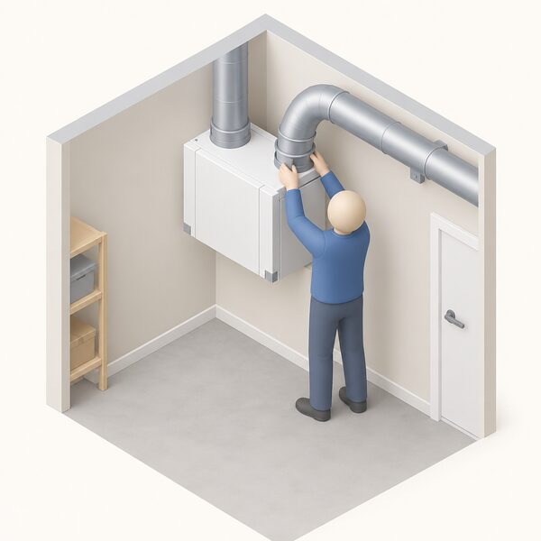 A small simplified isometric installer figure in plain clothing works indoors on a wall-mounted mechanical ventilation unit, connecting ducting to it, representing self-certified installation under a competent person scheme.
