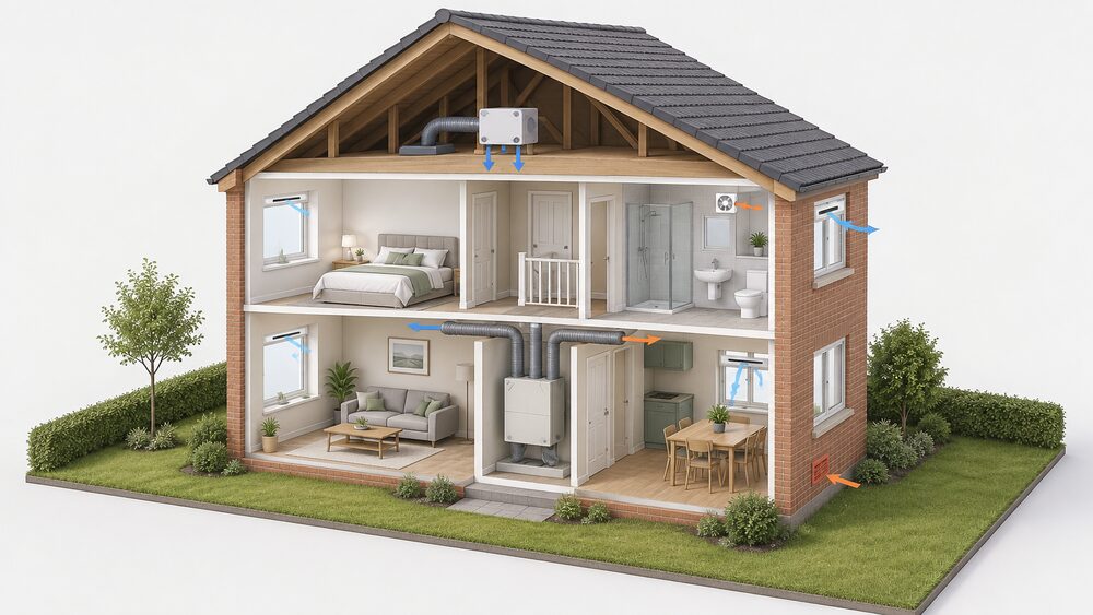 A cutaway UK house showing a whole-house MVHR unit with ducting in the airing/utility space, a PIV unit on the loft floor above the ceiling, an extract fan on a bathroom wall, and trickle vents in window frames, with an airbrick in the external wall.