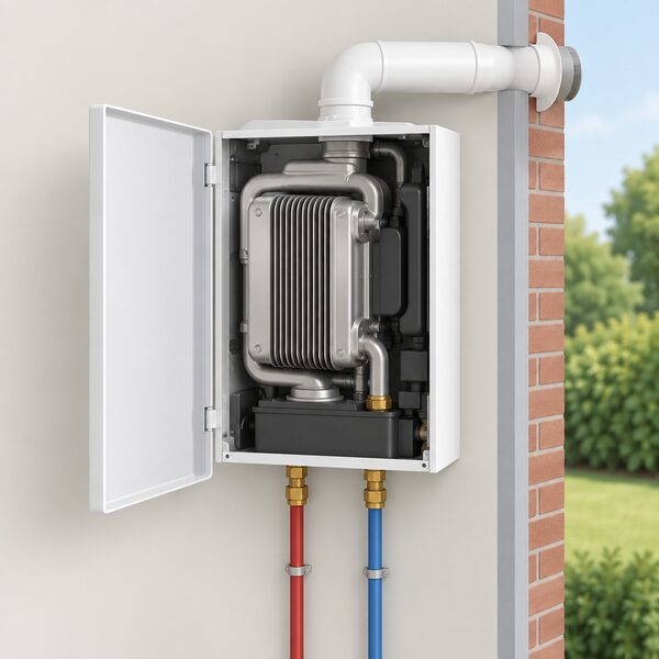 A wall hung white gas condensing boiler on an indoor wall with its front casing open to reveal a stainless steel Inox-Radial heat exchanger inside, connected to flow and return heating pipes and a flue passing through the wall.