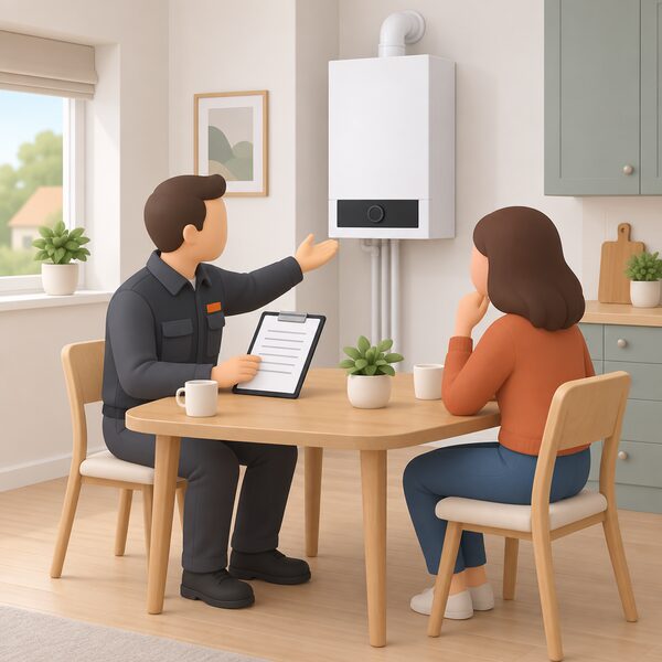 A Viessmann trained installer, holding a clipboard of quotation papers, sits at a kitchen table with a householder, gesturing toward a wall-mounted combi boiler in the background of the room.