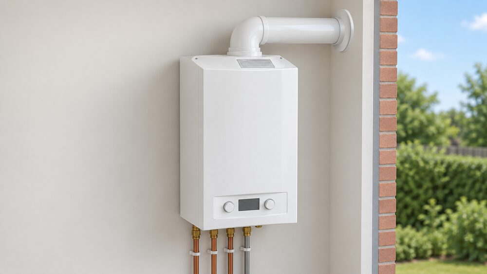 A compact white wall-hung gas condensing combi boiler shown close up and centrally, mounted on a plain interior wall, with its data label plate visible on top of the casing and a flue pipe passing through the external wall behind it.